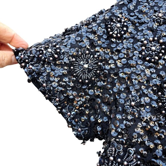 Vintage 1960s Black Hand Beaded NWT Sequined Wool Top 10 Made in Hong Kong NOS - Picture 5 of 12